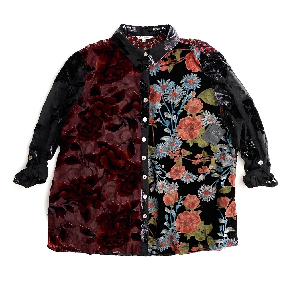 John Mark Sheer Burnout Velvet Embroidered Roll Tab Sleeve Button Front Tunic 1X